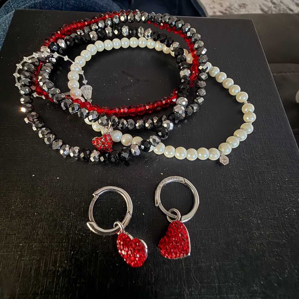 Elegant Red and Silver Heart Charm earrings with matching Bracelet Set Origami
